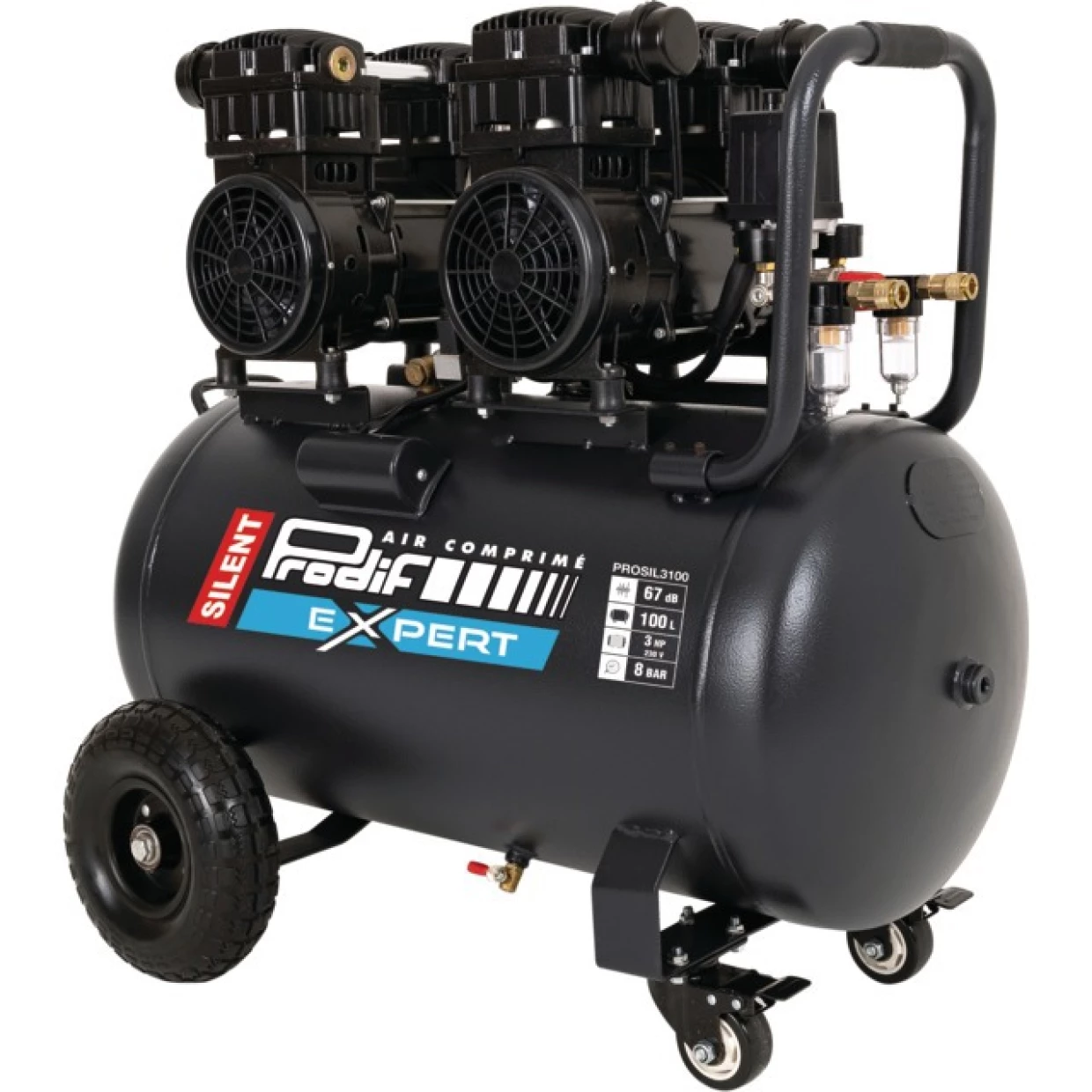 Compresseur à air 100 L silencieux 3 CV monophasé 22,2 m³/h Prodif